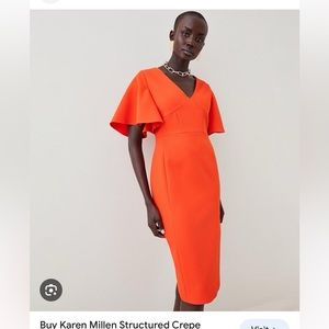 Karen Millen red /orange midi dress with v neck, flute sleeve, low back andsplit